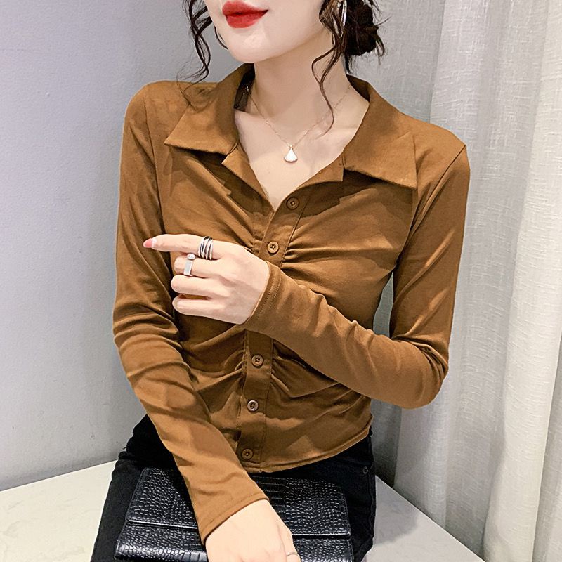 French retro bottoming shirt wanita 2021 baru slim fit temperamen pendek kerah Polo rajutan atas musim semi dan musim gugur