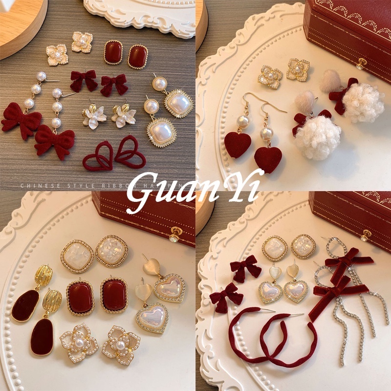 2023baru Retro Merah Anting Wanita Mutiara Stud Earrings Fashion Klasik Anting