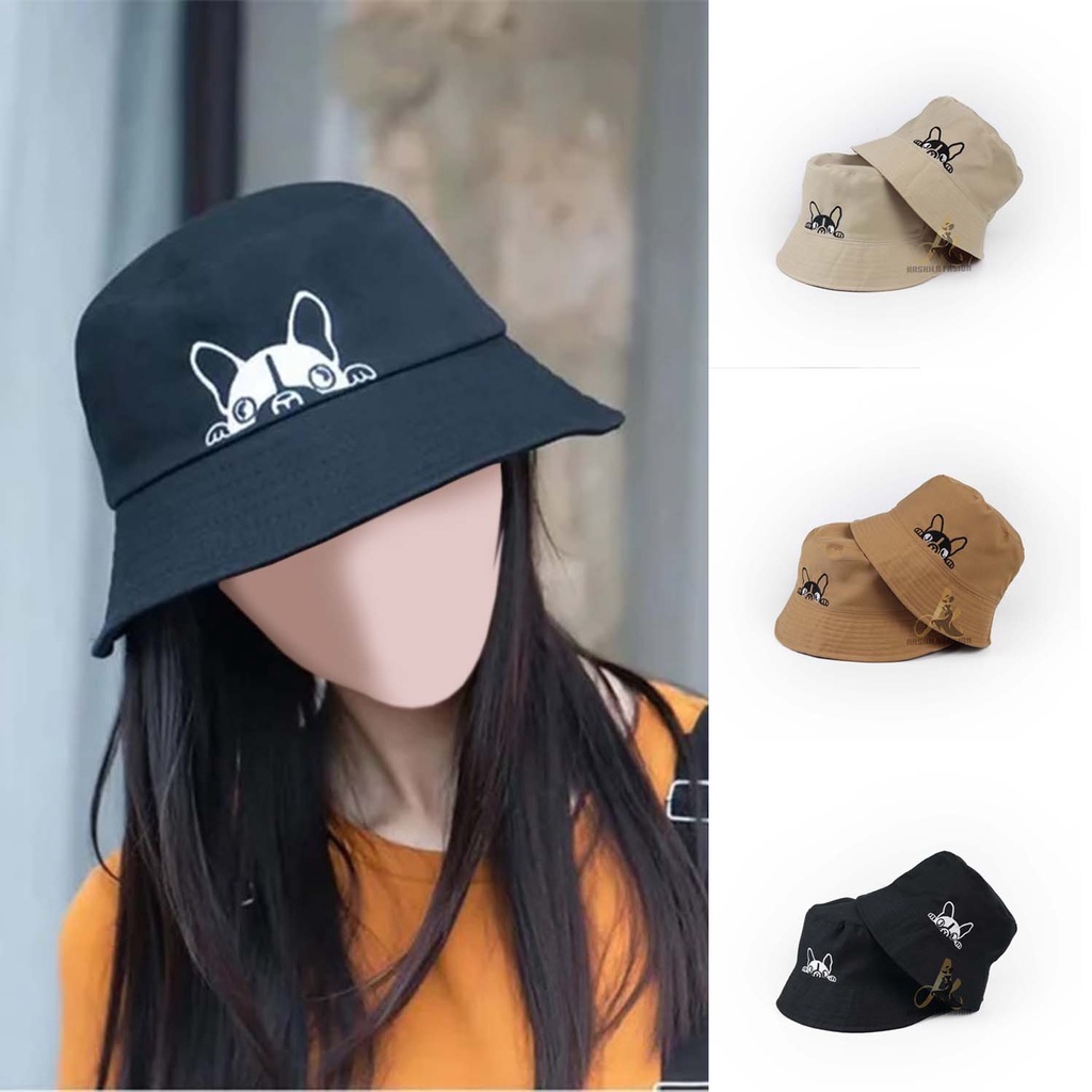 Topi Bucket Dewasa Perempuan Motif Bordir Dog