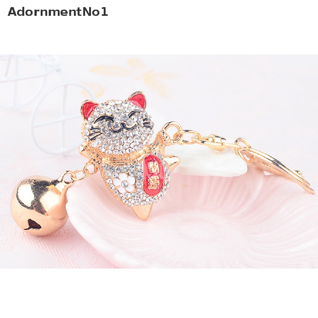 (AdornmentNo1) Gantungan Kunci Bentuk Kucing Keberuntungan Aksen Kristal + Berlian Imitasi Bahan Alloy