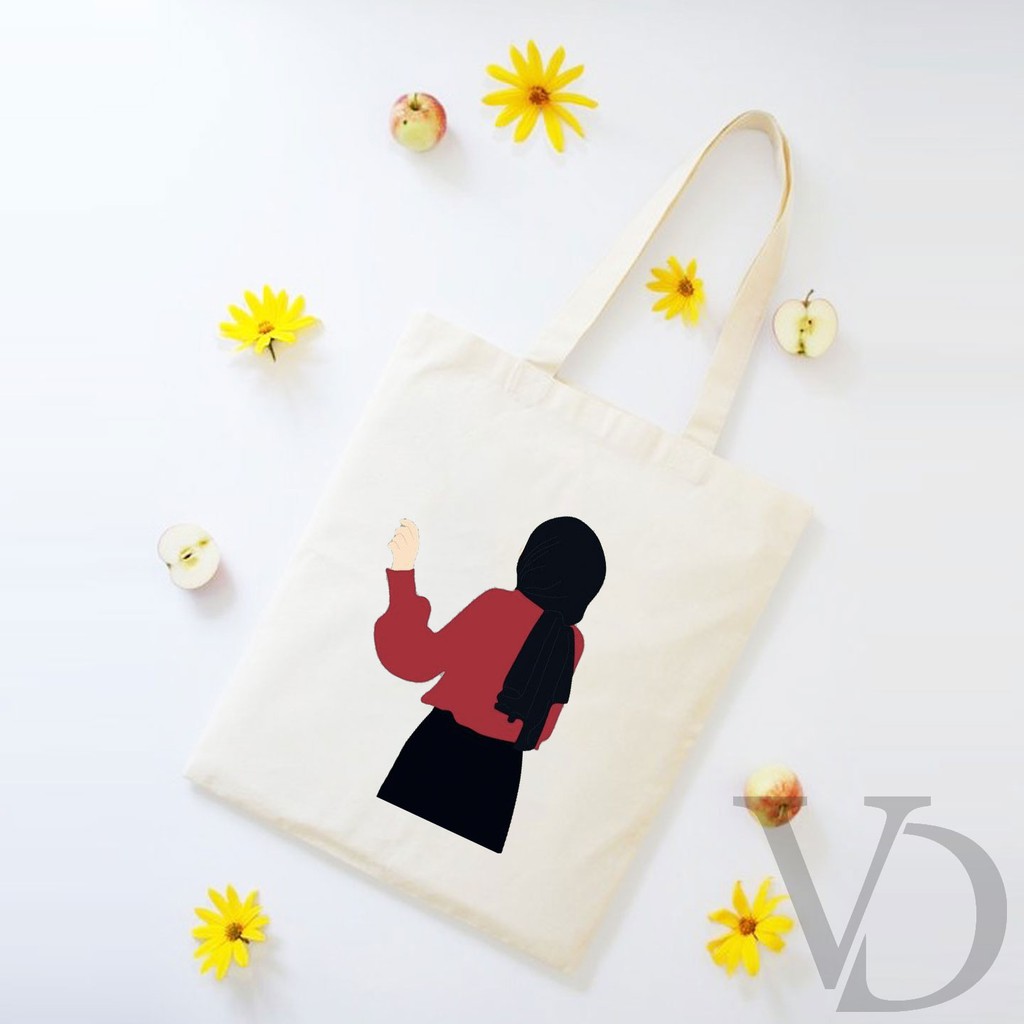 TOTE BAG BAHAN KANVAS MOOD CEWEK JILBAB / HIJAB/ AESTHETIC TOTE BAG / TAS BELANJA SYARI