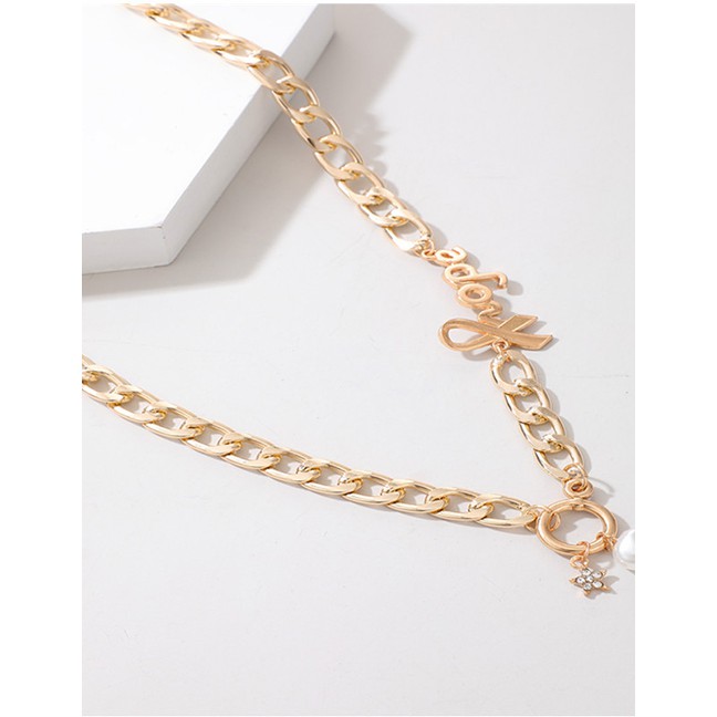 LRC Kalung Fashion Golden Alloy Alphabet Star Pearl Circle Necklace P06570