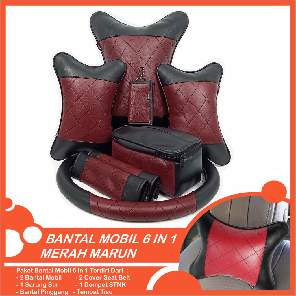 Set Bantal Mobil 6 in 1 Premium Bantal Leher Pinggang Cover Stir Seatbelt Tempat Tisu Free  Dompet STNK