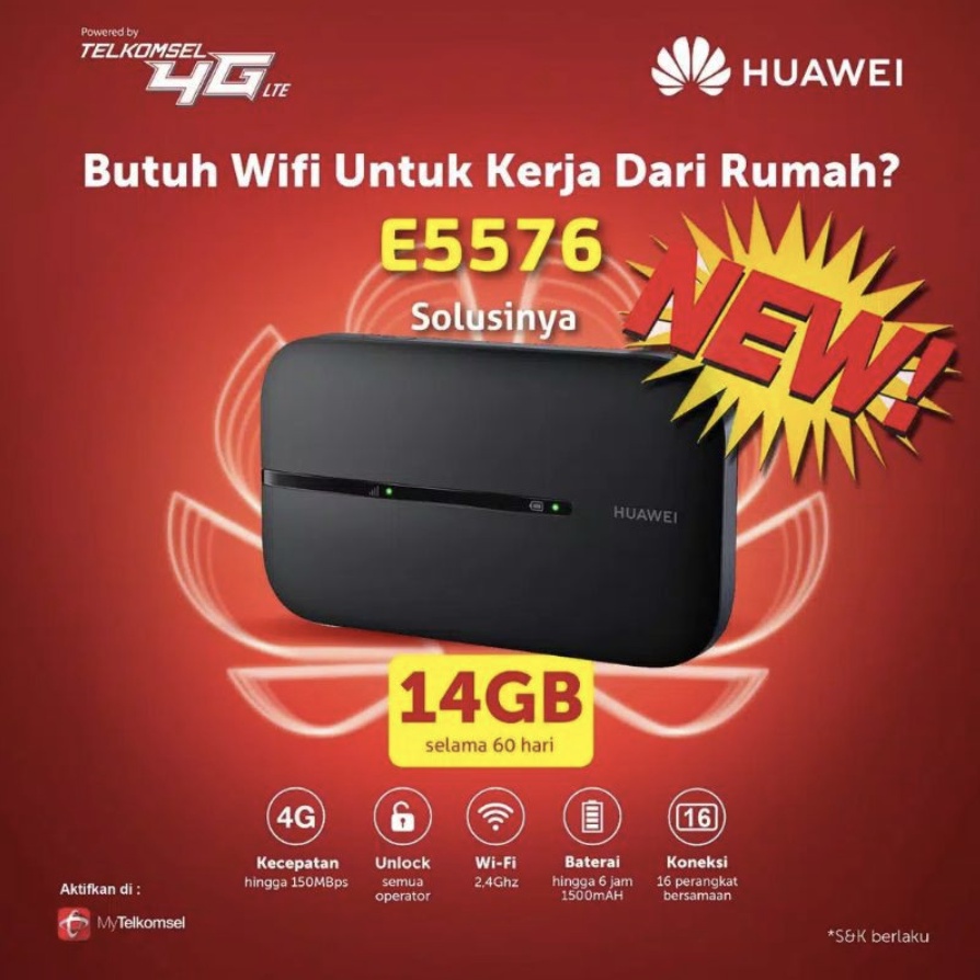 Huawei E5576 Modem Mifi 4G LTE / Mifi Modem Wifi Huawei E5576 Bonus Telkomsel Kuota 14Gb