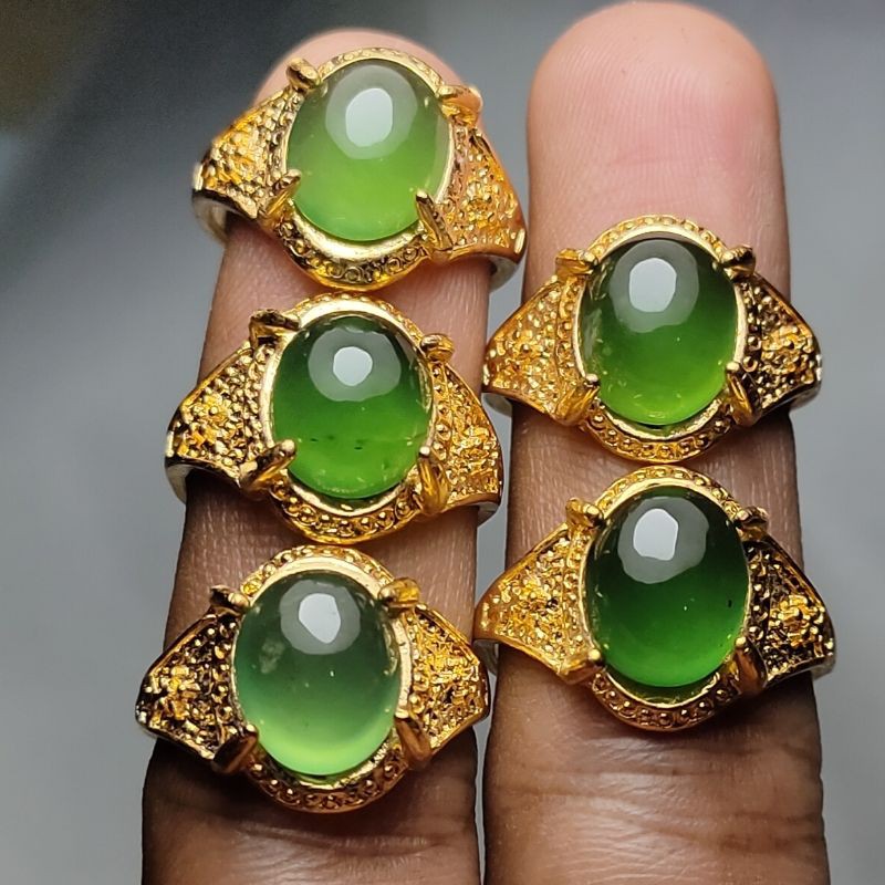 NATURAL BATU GREEN SERPENTINE GIOK ACEH CINCIN RHODIUM CEWEK