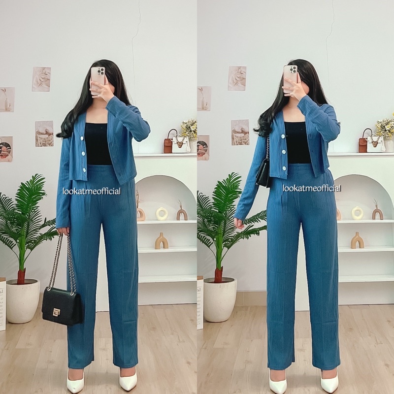 Lookatmeofficial • Set Casey Premium Knit (Cardi+Pants) / Setelan Wanita Crop dan Celana Kulot-6