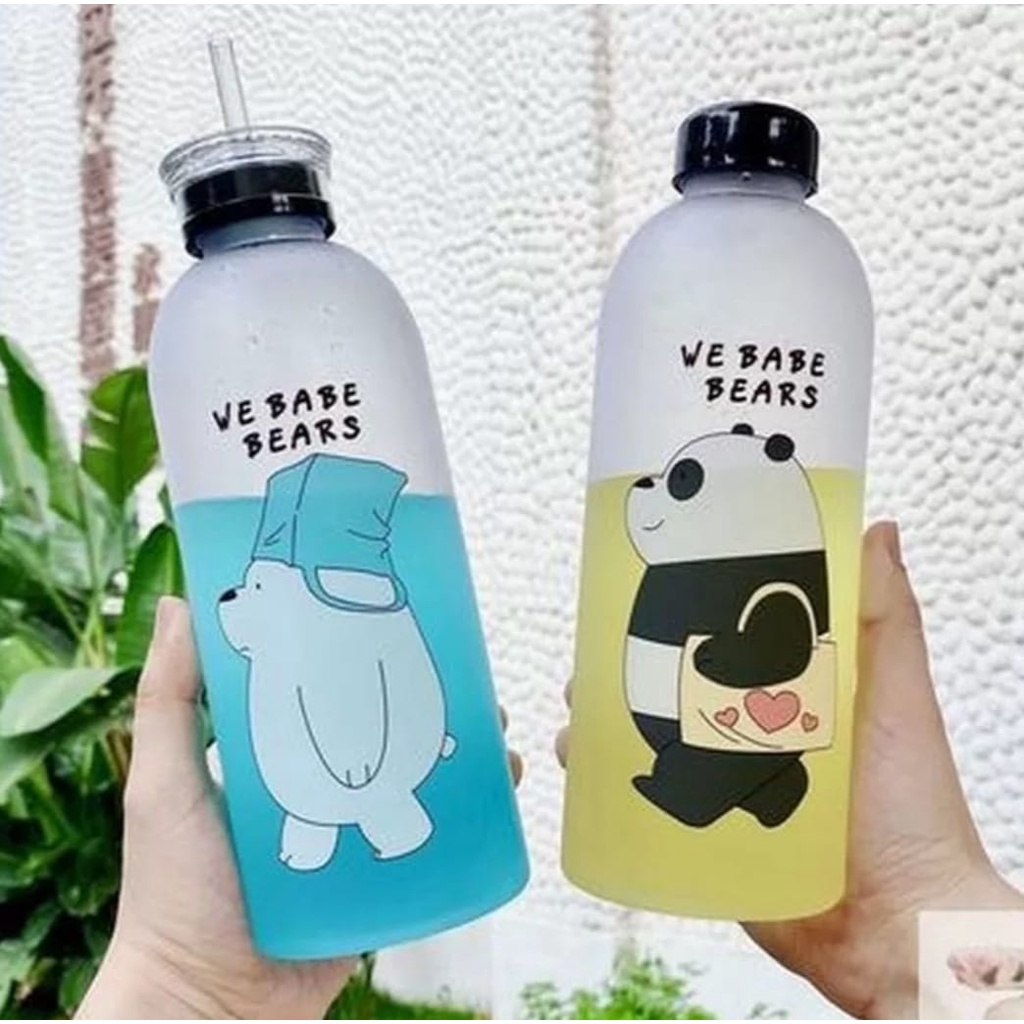 Botol Minum 1 Liter Viral Karakter Kartun We Babe Bears Bening Doff Anti Tumpah Dan Bocor -Botol Minuman Anak Sedotan Botol Minum Cartoon Multifungsi Motif Lucu 1000 ML Food Grade BPA Free