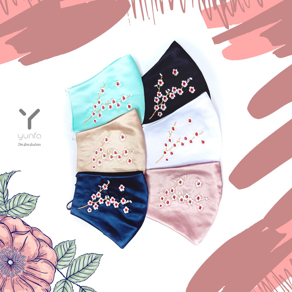 Masker Kain Satin 3 Ply Bordir Sakura Headloop Earloop