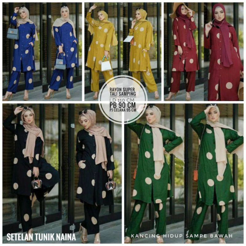 Set Wanita / One Set Tunik Fairuz Naina Polka Wanita Dewasa Size Standar Full Kancing Depan