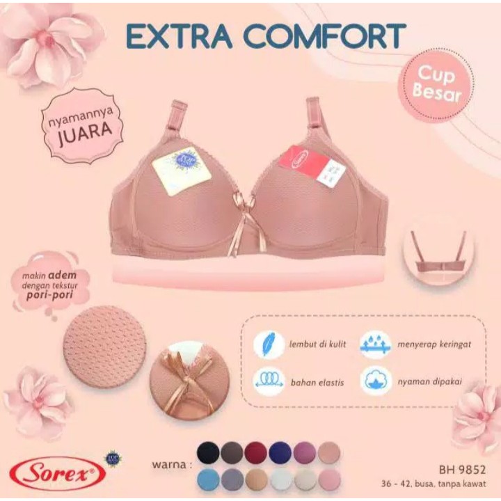 BH Bra Wanita Sorex Model 9852 Tanpa kawat Busa Sedang Cup B Original Premium