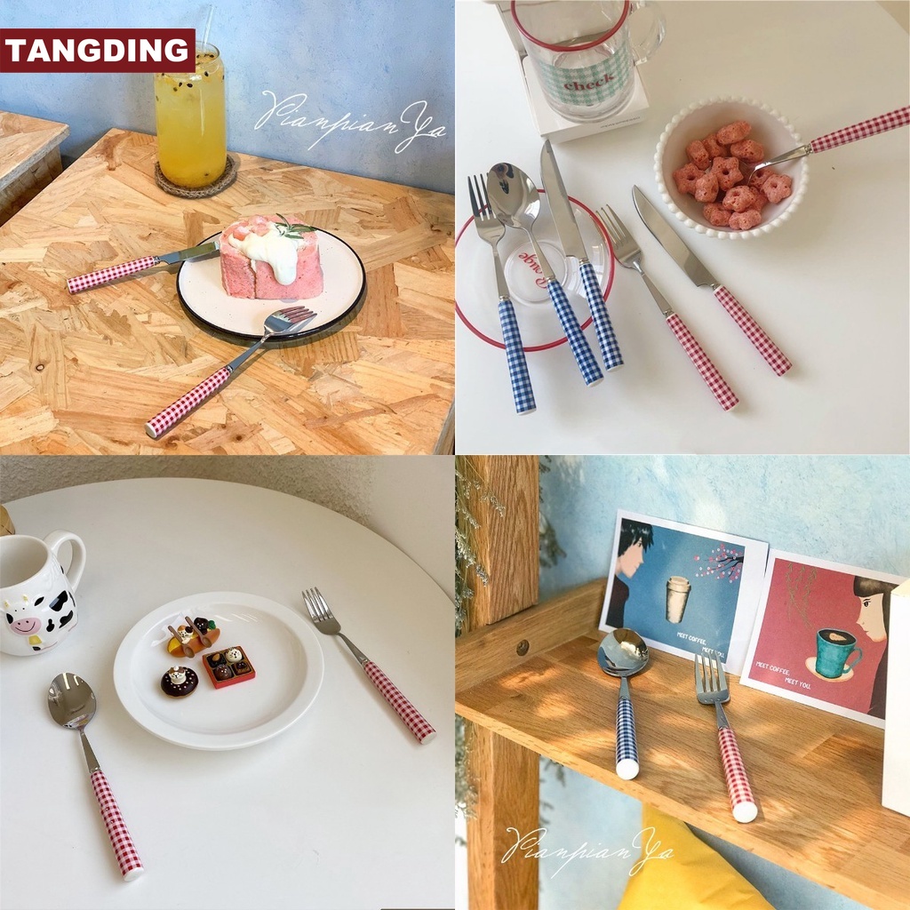 【COD Tangding】Korean INS French Blue and Red Checked Ceramic Handle Tableware Dessert Fork Steak Fork Spoon