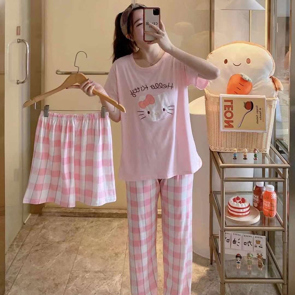 AJW Shop Piyama 3 in 1 | Piyama Lengan Pendek | Baju Tidur Impor | Baju Tidur 3in1-Hello Kitty Pink
