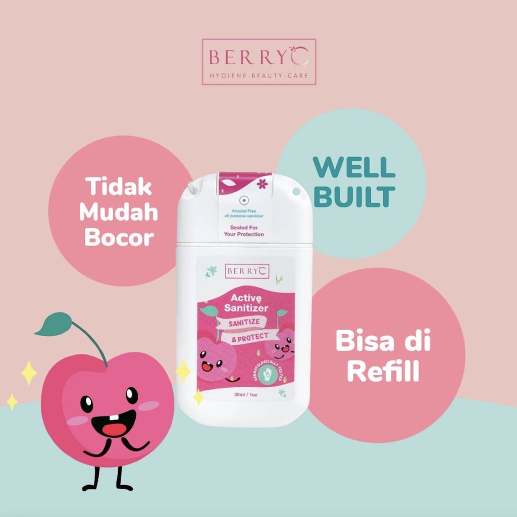 BerryC Mini Active Sanitizer Spray 30ml Natural Food Grade Pocket Travel Size Hand Antiseptik Aman Bayi Anak Alat Makan QAC Non Alkohol Alcohol Bag Charm Kecil Semprot Disinfectant Isi Ulang Refill Strap Tali Chamomile Vanilla Floral Organik Harum HFMD