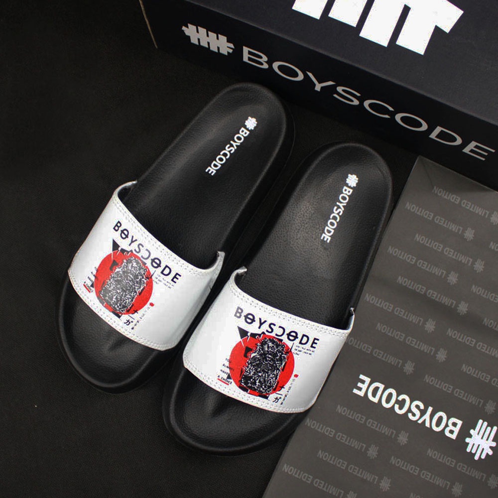 Sandal Selop Distro Pria Wanita Original BOYSCODE Japan Dragon Hitam Putih / Sandal Slop Pria / Sandal Slide Pria