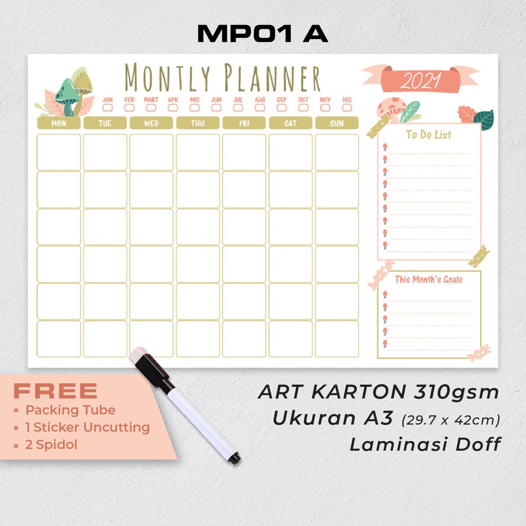 

Artomaringi MONTHLY, WEEKLY, DAILY PLANNER Bonus Spidol Wipe and Clean MP01