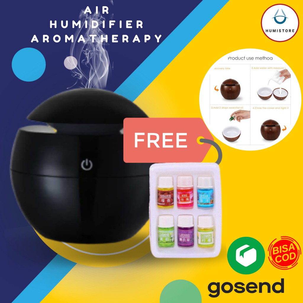 Air Humidifier Aromatherapy Desain Kayu 130ml-Black + Oil Bonus