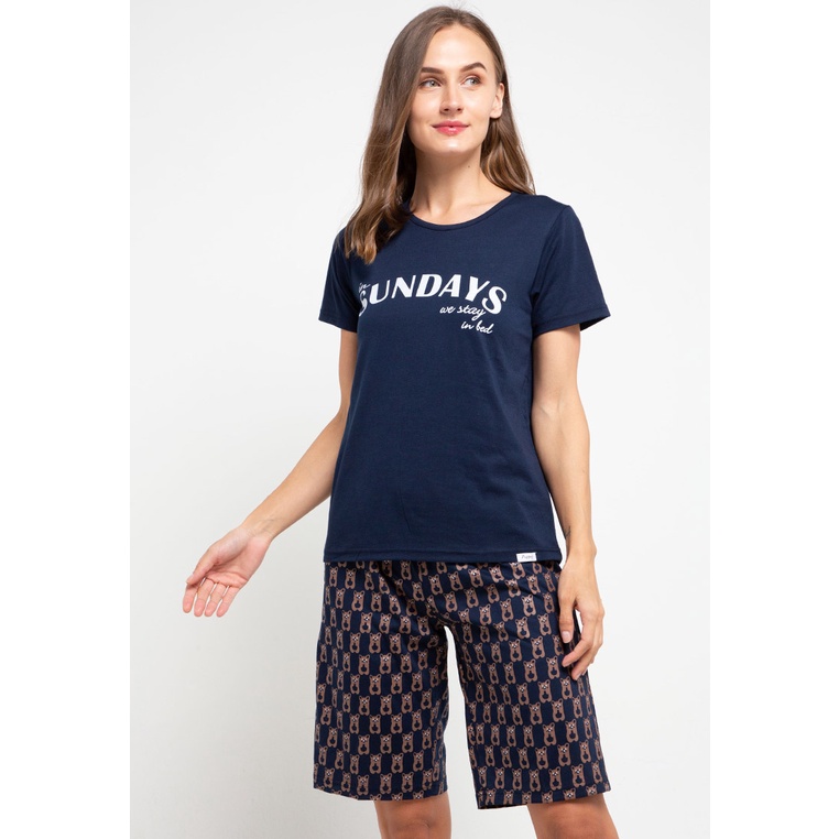 Baju Tidur Kaos Rumah Wanita Lengan Pendek Celana Selutut  Navy Puppy Myheart 105 Navy Sundays [M202