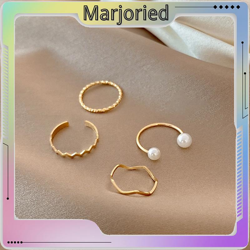 4 Pcs/set Korea Cincin Emas Untuk Wanita Sederhana Mutiara Elegan Cincin Set Dapat Disesuaikan Terbuka Perhiasan Hadiah-MJD