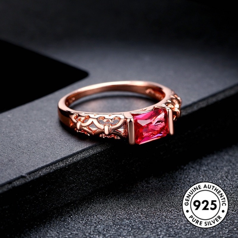 Cincin S925 Silver Warna Rose Gold Bentuk Persegi Aksen Berlian