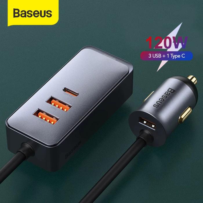 Baseus Car Charger 120W 4 Port Type C &amp; USB port - Multi Port Fast Charging 3U + 1C / 2U + 2C with Extension