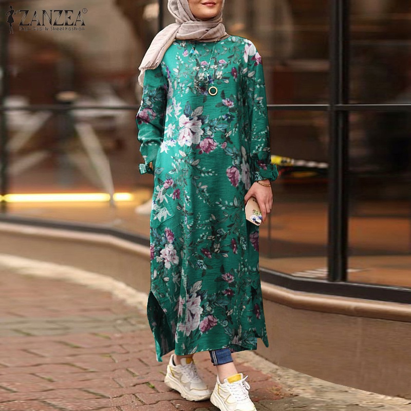 ZANZEA Women Long Sleeve Floral Vintage Oversized Muslim Long Dress