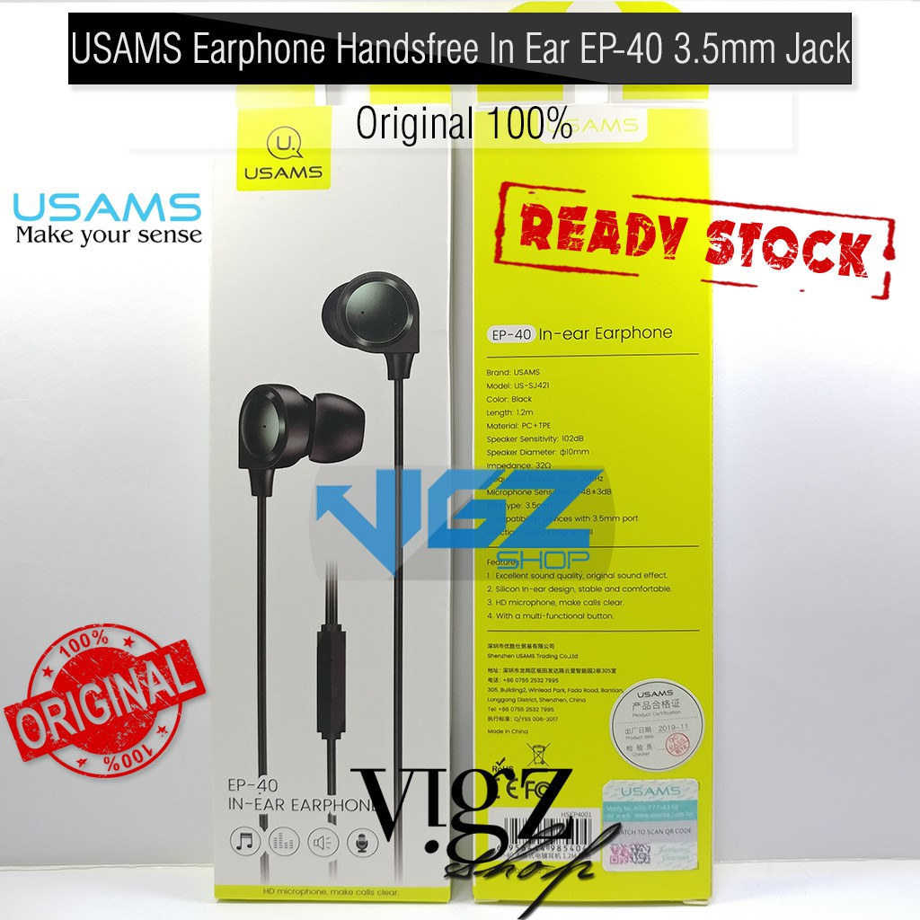 USAMS Earphone Handsfree In Ear EP-40 3.5mm Jack EP-40 Original