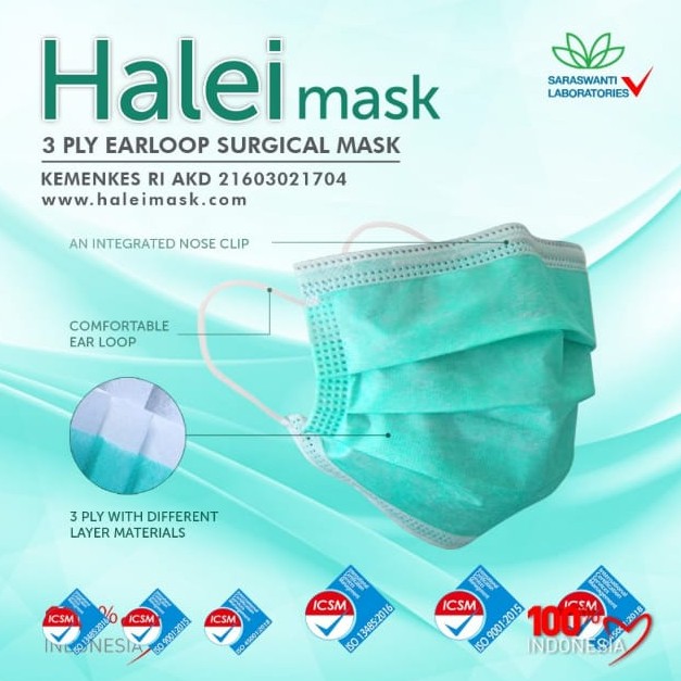 HALEI 3ply EarLoop & HeadLoop Surgical Mask 99% Filtration and Protection / Masker Halei