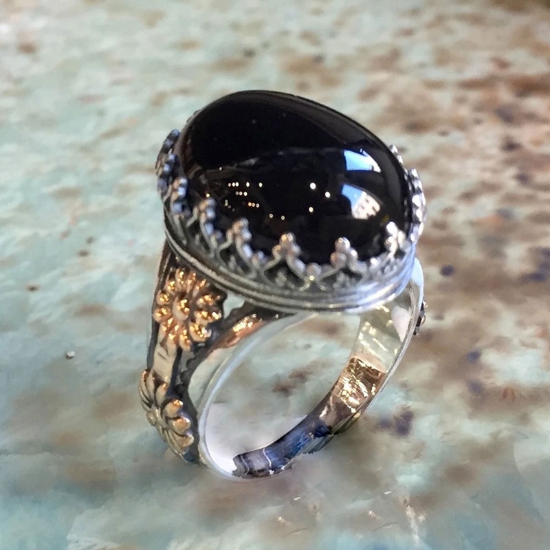 Cincin Sterling Silver 925 Lapis Emas 18K Desain Bunga Hias Batu Permata Hitam Untuk Pria