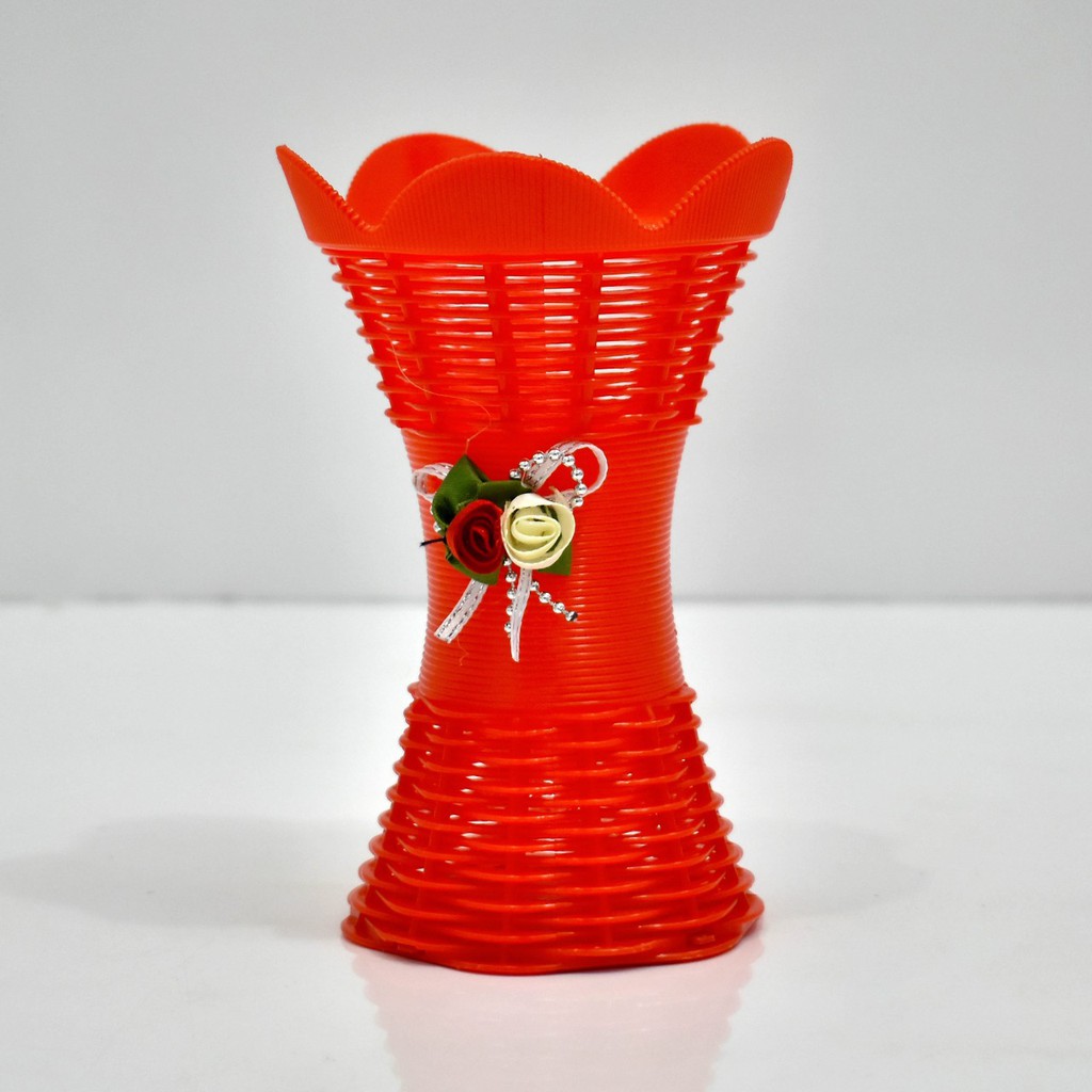 COD POT BUNGA PLASTIK VAS BUNGA PLASTIK POT BUNGA ROTTAN POT BUNGA HIASAN MEJA VAS  ROTTAN PB5013-MERAH
