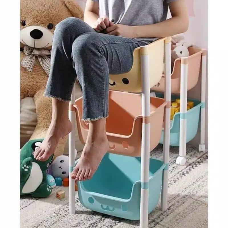 Rak Mainan 3 Tingkat Rak Troley Tempat Buku Sepatu Boneka Peralatan Kosmetik Multifungsi Karakter