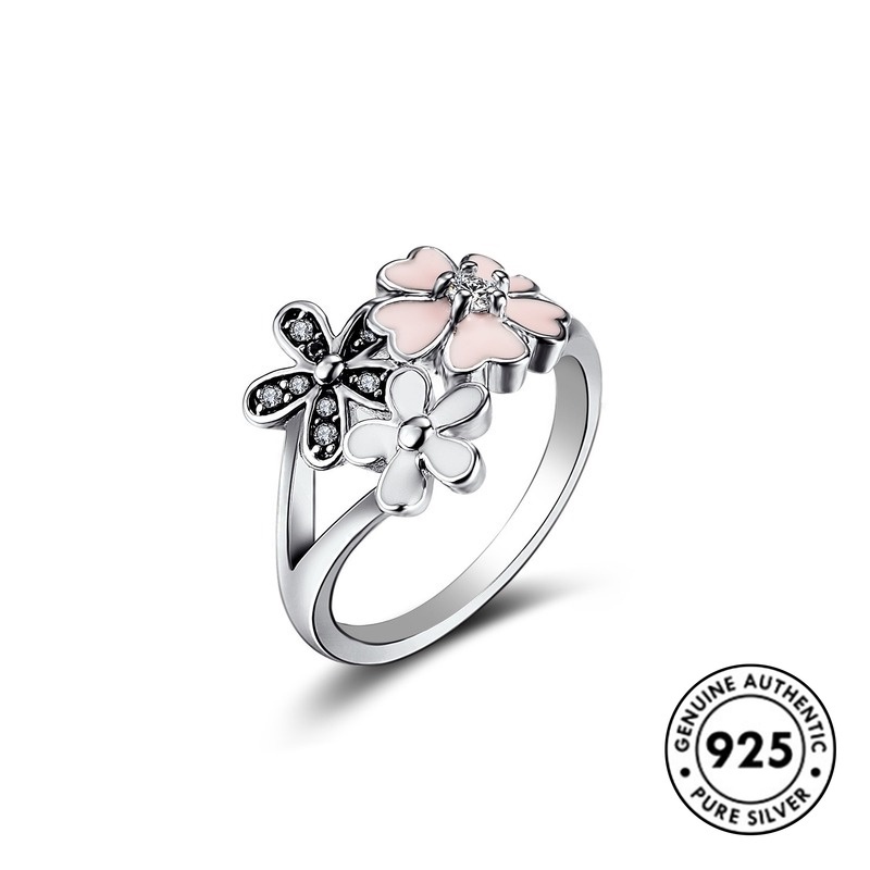 Cincin Sterling Silver 925 Desain Bunga Sakura Hias Berlian Imitasi Warna Pink Untuk Wanita