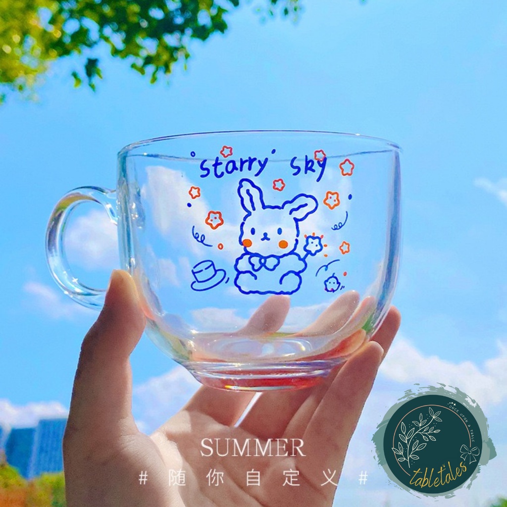 Breakfast Cup Korean Style Cute Print / Gelas Cereal Besar / Gelas Kaca Imut / Cangkir Kaca Lucu