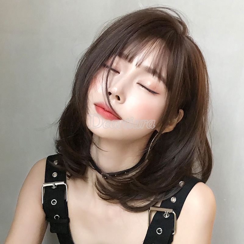 Wig / Rambut Palsu Sintetis Panjang Sebahu Warna Hitam / Coklat Dengan Poni Untuk Wanita