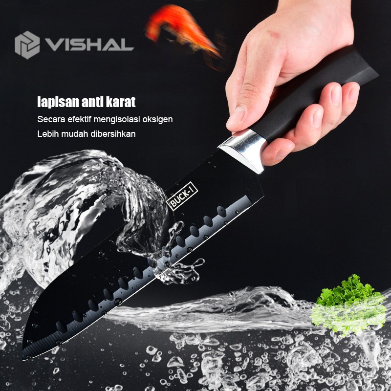 VISHAL Pisau Dapur 1 Set Tajam Hitam Knife Set Pisau Dapur isi 7Pcs Dengan Talenan VS-21