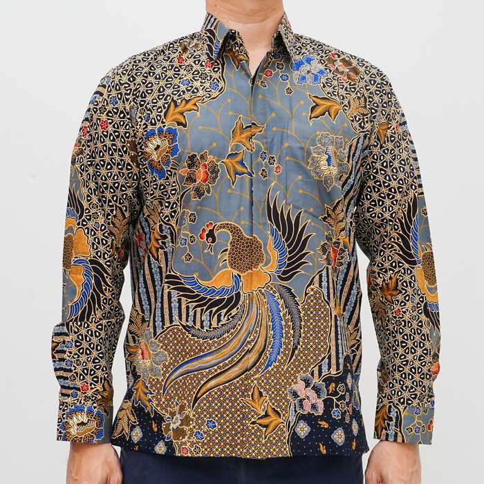 Kemeja Batik Pria Katun premium Lengan panjang warna abu-abu
