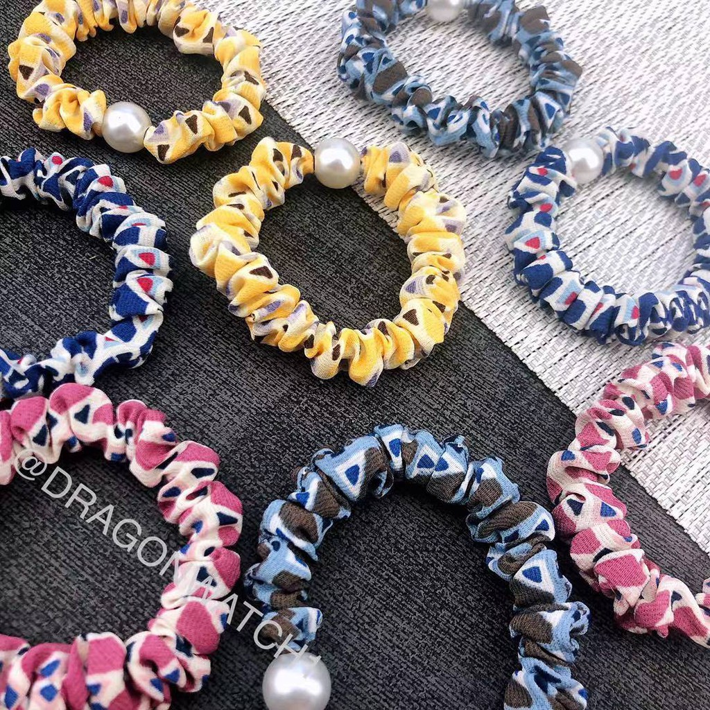 [Fashion Wanita] Ikat rambut mutiara elastis motif geometris cincin rambut kualitas import  T009