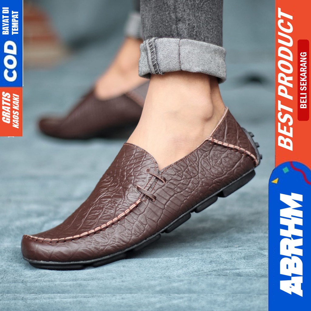 ABRHM x MOCLAY Sepatu Slip On Casual Pria Sepatu Slop Cowok Mocasin Anti slip Kulit Asli Sepatu kerja Pantofel Semi formal Keren Kekinian Original