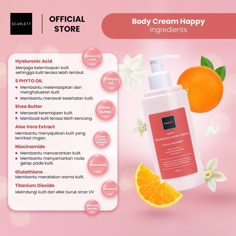 SCARLETT Happy Series | Lotion | Body Serum | Body Cream | Shower Scrub Gel | Body Scrub Lulur Scarlett Happy