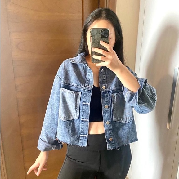 HOPYLOVY Jaket Jeans Wanita Crop Oversize Unfinished Kantong Depan Meirani