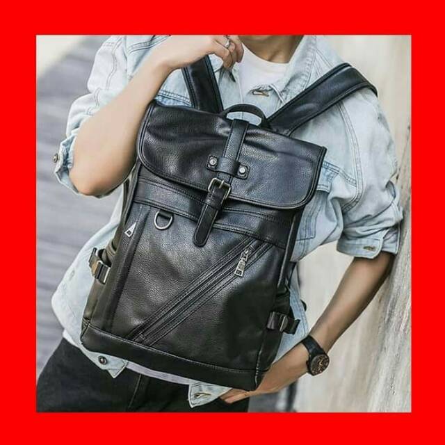 TAS PUNGGUNG /TAS RANSEL BESAR PRIA KULIT BLACK HITAM