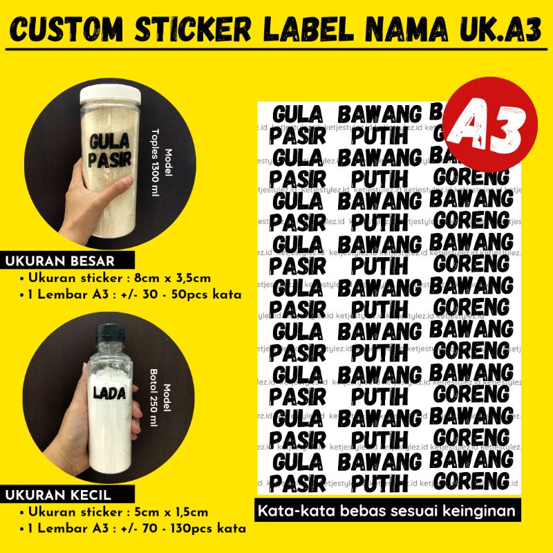 

Custom Stiker Sticker Label Nama A3 Toples Plastik Tepung Bumbu Dapur Camilan Botol Buku Ketjebadai