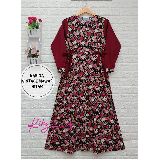 Baju Muslim Fahion Dress Wanita Cantik Motif Bunga Karina Vintage Mawar
