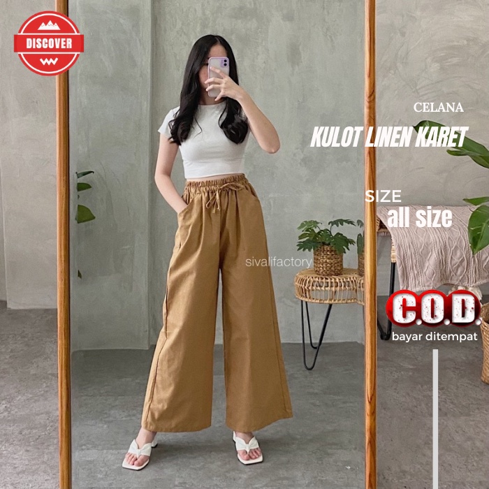 Kulot Linen Celana Kulot Panjang Jumbo Wanita Kekinian Highwaist