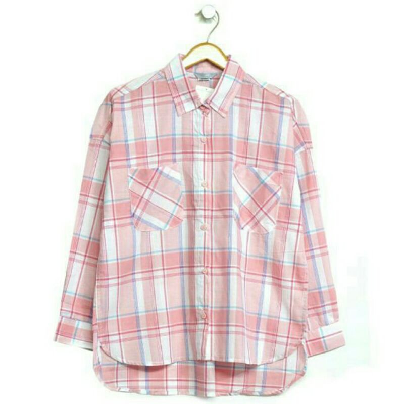 HnM Kemeja flanel pink import kemeja wanita women blouse pink basic shirt longsleeve kerja kantor