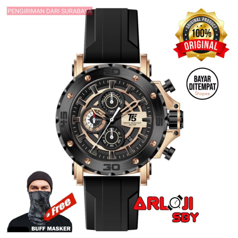 JAM TANGAN PRIA T5 H3865 CHRONOGRAPH ORIGINAL TAHAN AIR 3 ATM BLACK BLUE ROSE FREE BOX PAPPER BAG