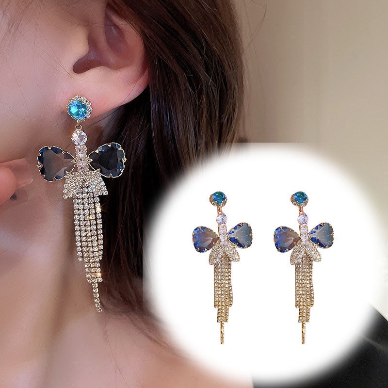 Anting Rumbai Desain Pita Aksen Kristal Warna Gradasi Gaya Korea
