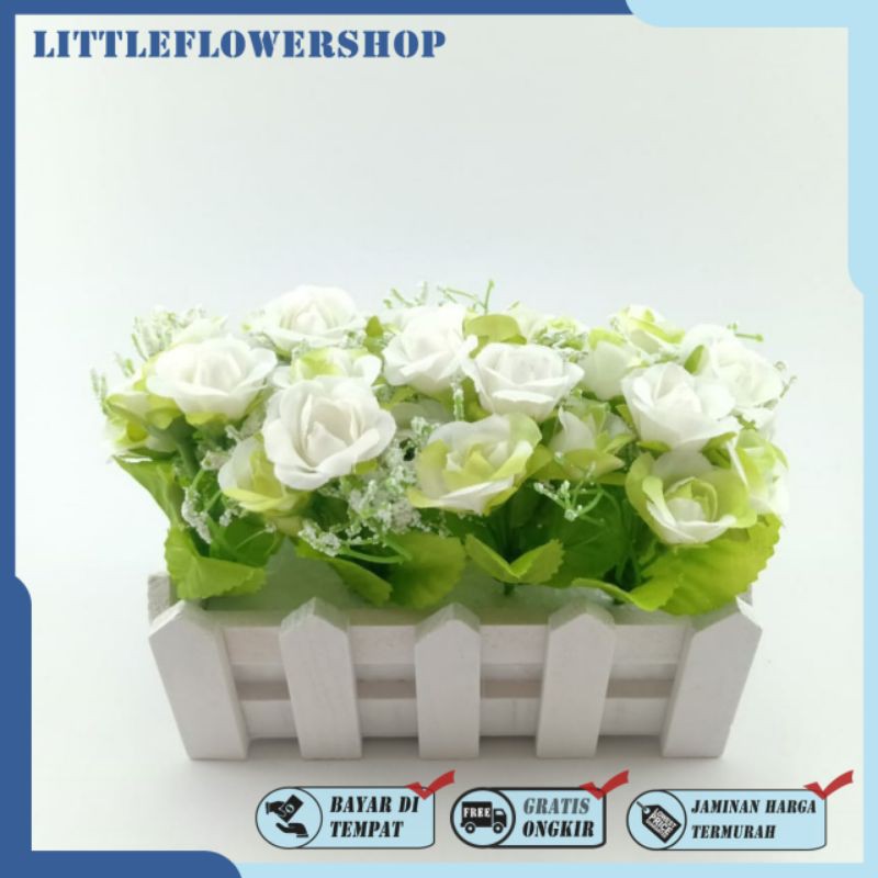 BUNGA PAGAR PUTIH VAS KAYU BENTUK PAGAR BUNGA MEJA BUNGA HIAS BUNGA PLASTIK BP8822-Putih
