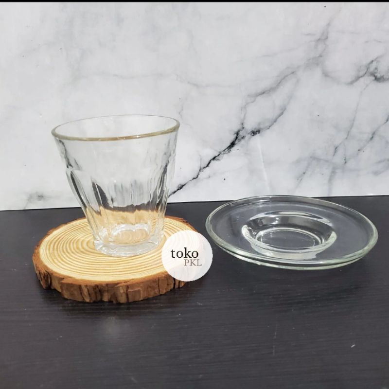 gelas 170 ml & tatakan gelas putih bening bahan kaca