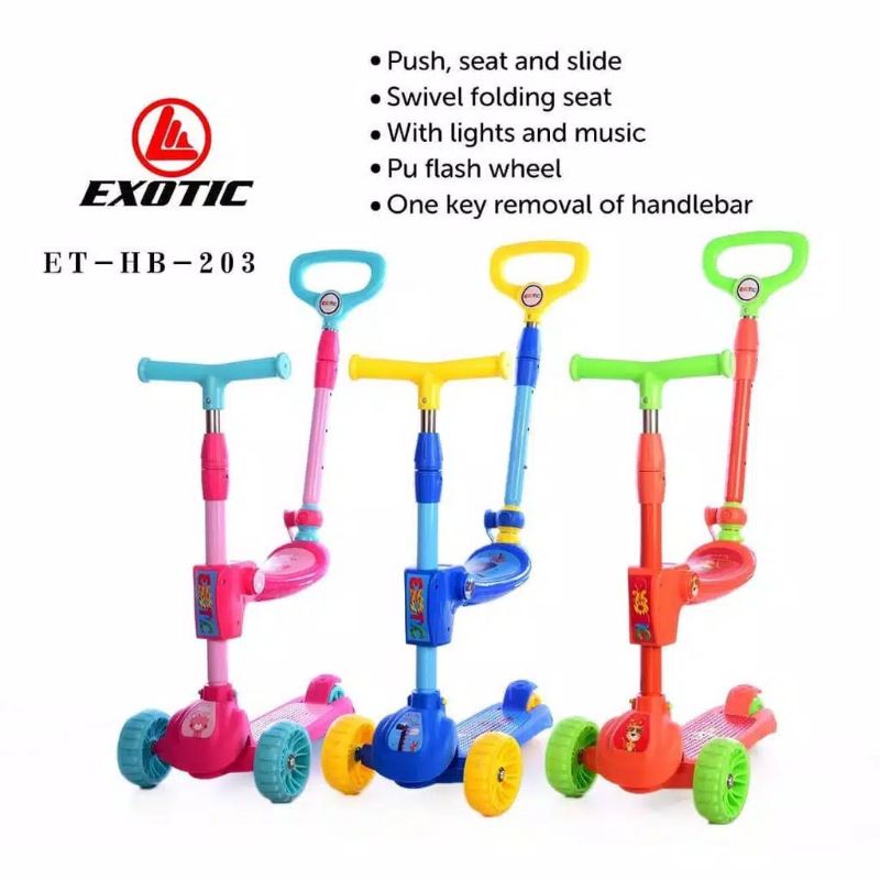 Skuter Anak Exotic ET-HB203 Otopet Music n Light 3 in 1 Dorong Duduk Meluncur Kick Scooter