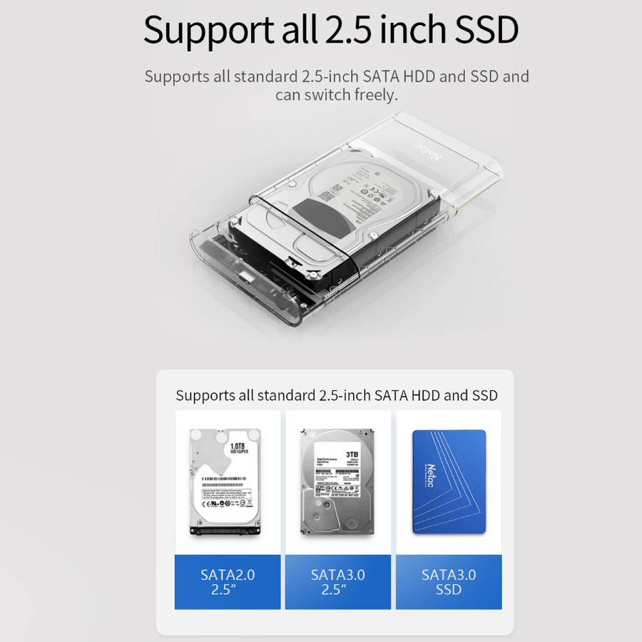 External Case HDD SSD Netac WH11 2.5&quot; SATA to USB3.0 Enclosure Hardisk